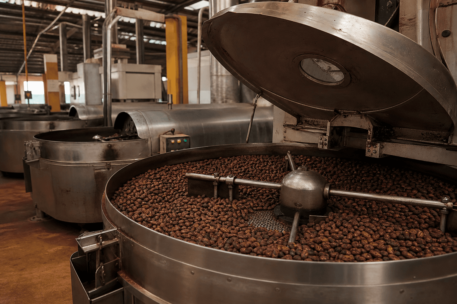 Équipement industriel de torréfaction du cacao avec fèves grillées visibles