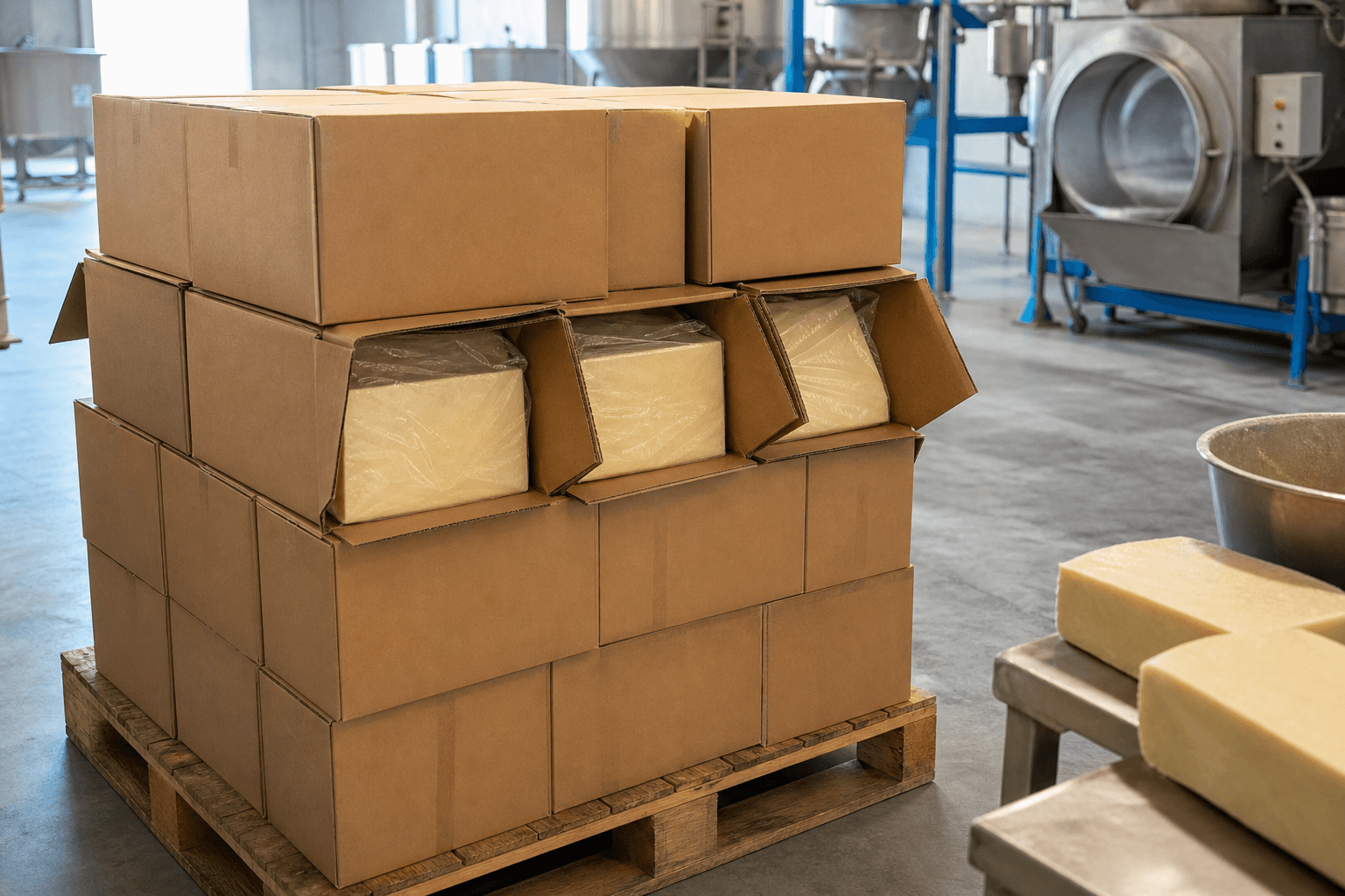 Blocs de beurre de cacao emballés dans des cartons sur palette