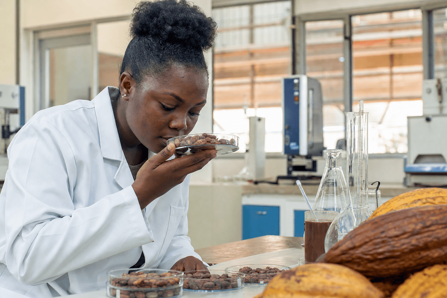 Scientifique camerounaise analysant des échantillons de cacao en laboratoire
