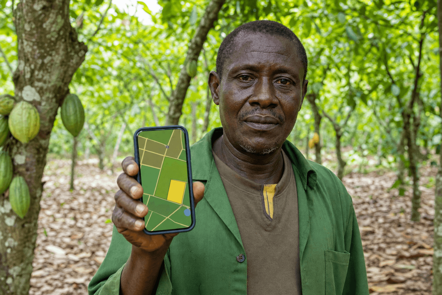 Producteur de cacao consultant une carte de parcelle sur smartphone dans une plantation