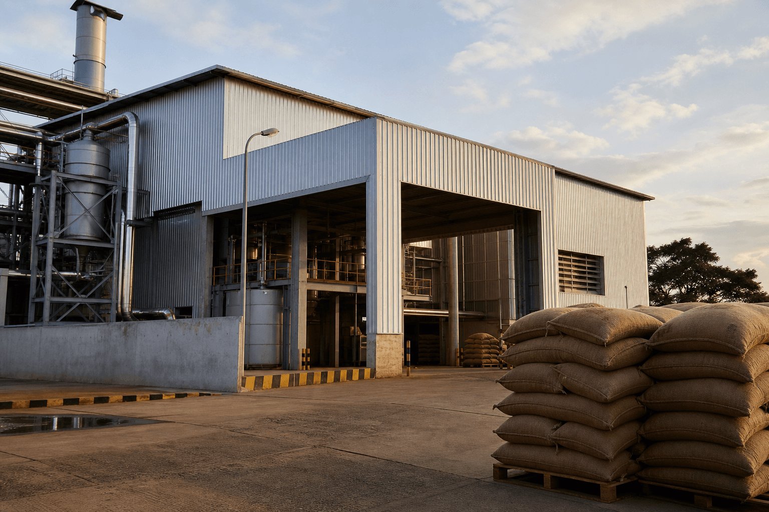 Façade d'une usine de transformation du cacao au Cameroun avec quai de chargement