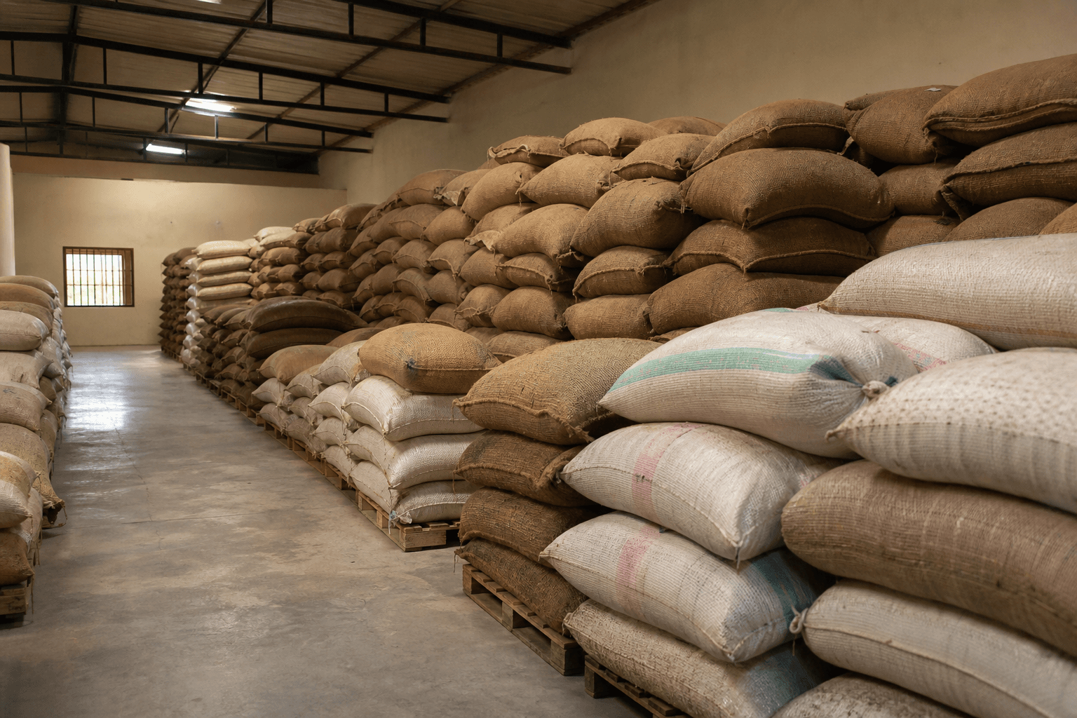 Entrepôt de stockage de sacs de fèves de cacao empilés sur palettes